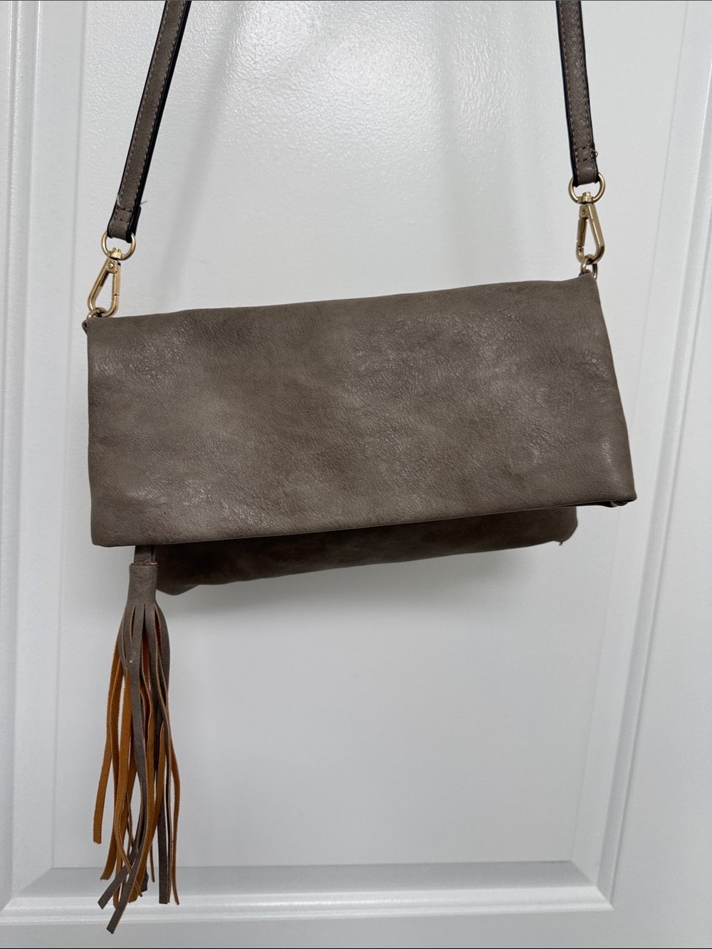Taupe Fold-Over Crossbody Bag with Tassel Accent